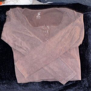 Ribbed Long Sleeve Top with Button Detail
